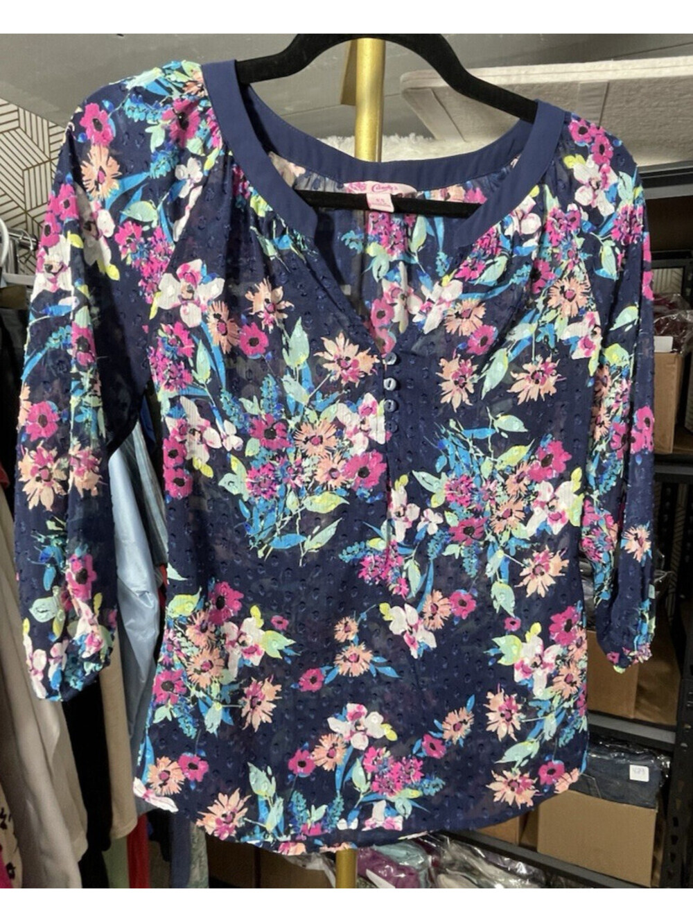 Candies Y2K Top Womens XS Blue Sheer Floral Swiss Dot Blouse Fairycore Festival